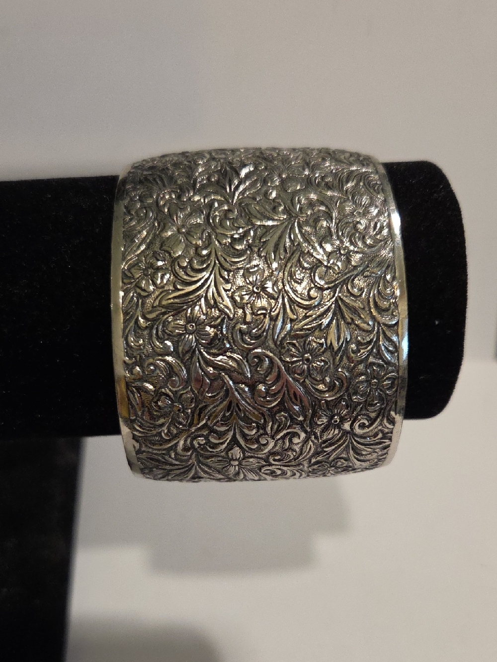 Sarah Coventry Wide Floral Engraved Silvertone Cuff Bracelet